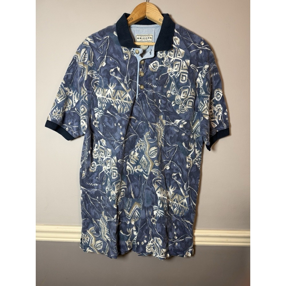 Arizona‎ Jean Company Men's Graphic Polo blue tan retro style short sleeve M
